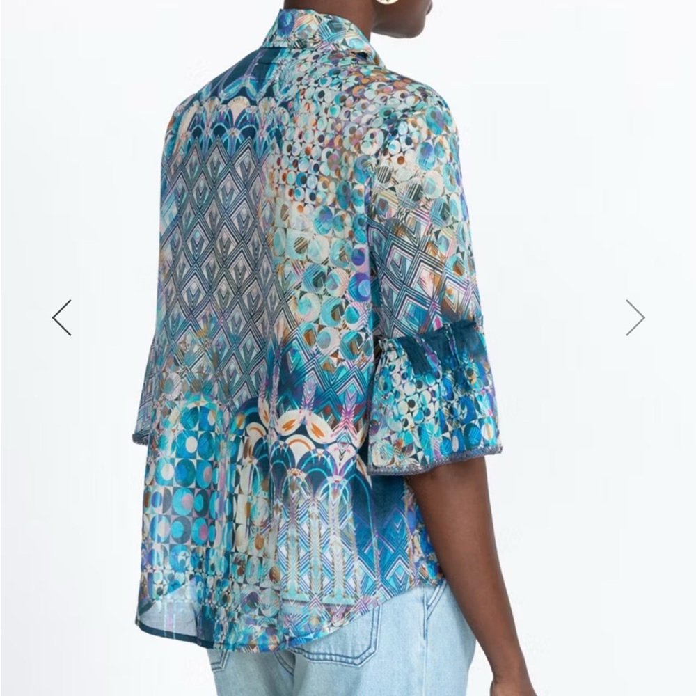 Johnny Was Teal Multi-Pattern Button Front Blouse - image 2